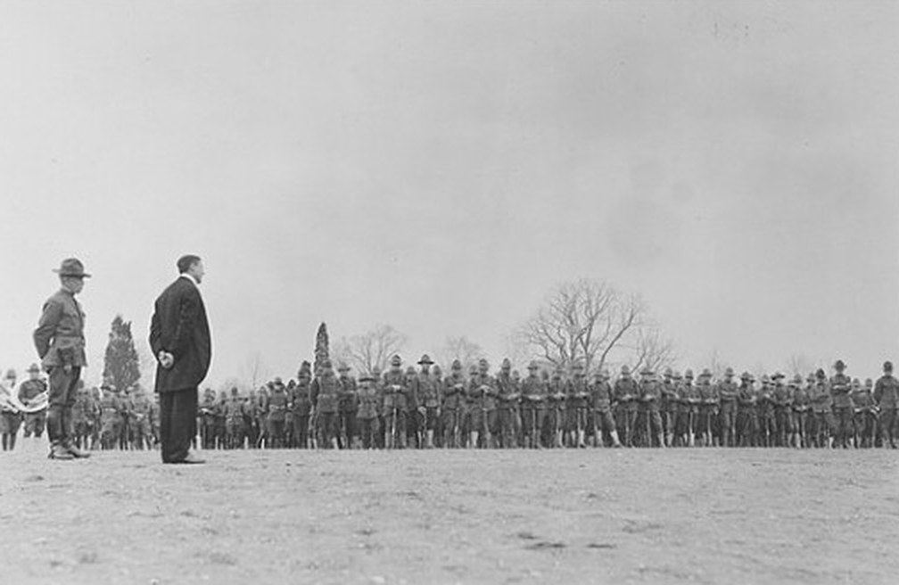 Soldiers of the 313th Infantry in formation at Camp Meade during a flag presentation