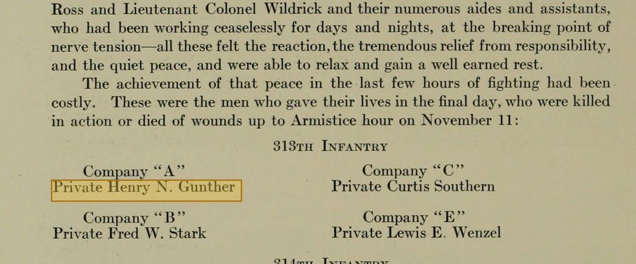 Printed page from 1922 listing the men killed on the final day; Private Henry N. Gunther is highlighted